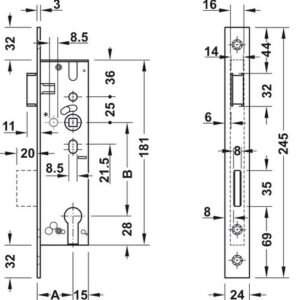 BKS Rohrrahmen-Einsteckschloss B 1314 - RR-Einsteckschl.B 1314 PZ 24/39/92/8mm DIN L/R VA 268mm BKS – Bild 2